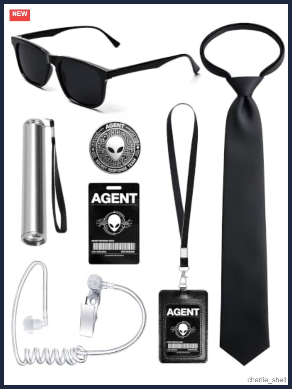 Spy Agent Costume Set Sunglasses Flashlight ID Card Earpiece Tie Halloween